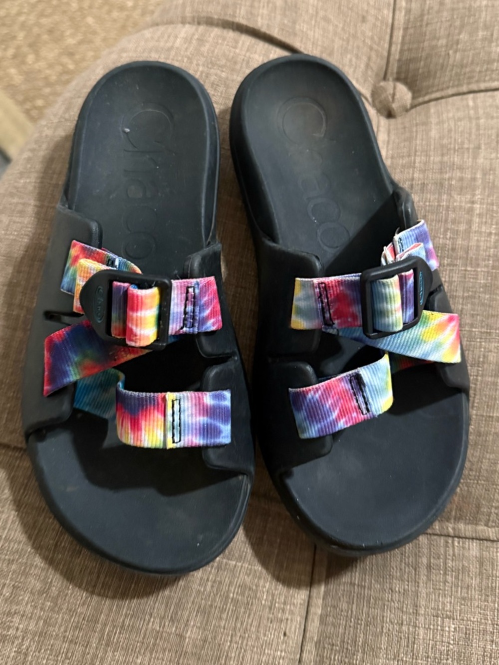 Chaco Kids Black Sandals with Rainbow Tie-Dye Straps